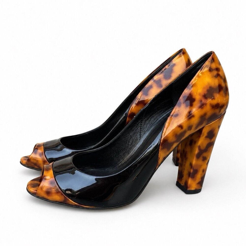 Gucci Tortoiseshell Black Patent Peep Toe Block Heel Pumps 6.5B Italy $595